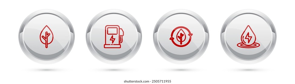 Set line Tree, Electric car charging station, Recycle and leaf and Water energy. Silver circle button. Vector