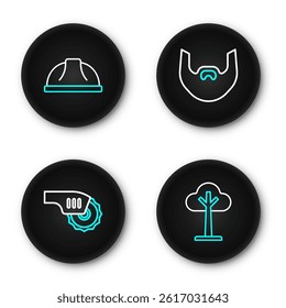 Set line Tree, Electric circular saw, Mustache and beard and Worker safety helmet icon. Vector