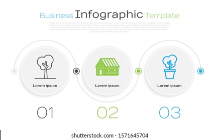 Set line Tree, Farm house and Tree in pot. Business infographic template. Vector