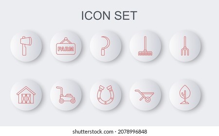 Set line Tree, Farm house, Sickle, Wheelbarrow, Wooden axe, Signboard with text, Lawn mower and Horseshoe icon. Vector