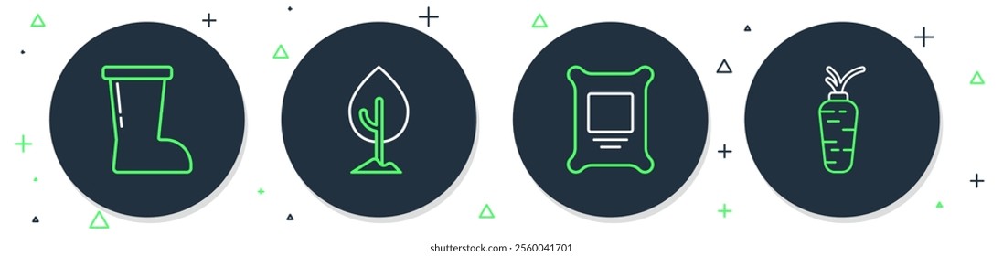 Set line Tree, Fertilizer bag, Waterproof rubber boot and Carrot icon. Vector