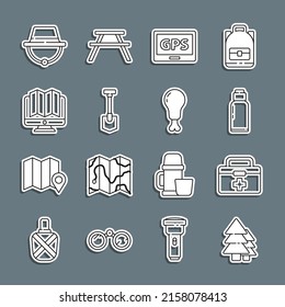 Set line Tree, First aid kit, Canteen water bottle, Gps device with map, Shovel, Location of the forest in monitor, Camping hat and Chicken leg icon. Vector