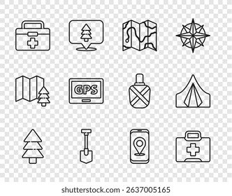 Set line Tree, First aid kit, Location of the forest on map, Shovel, Gps device with, City navigation and Tourist tent icon. Vector