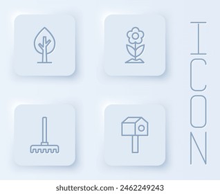 Set line Tree, Flower, Garden rake and Bird house. White square button. Vector