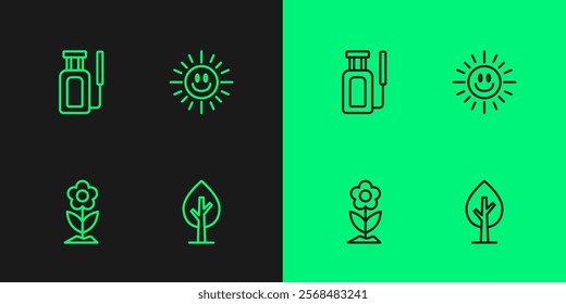 Set line Tree, Flower, Garden sprayer for water and Sun icon. Vector
