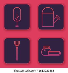 Set line Tree, Garden pitchfork, Watering can and Chainsaw. Blue square button. Vector