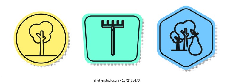 Set line Tree, Garden rake and Tree with pears. Colored shapes. Vector