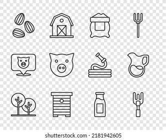 Set line Tree, Garden rake, Bag of flour, Hive for bees, Seeds, Pig, Bottle with milk and Jug glass icon. Vector