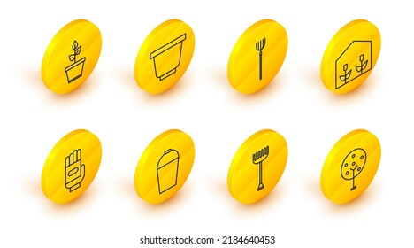 Fijar la línea Árbol, rastrillo de jardín, Cubo, guantes, invernadero de casa y plantas, horquilla de cocina, olla de flores y planta en icono. Vector