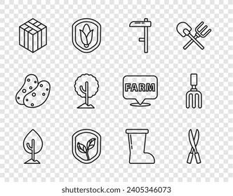 Set line Tree, Gardening handmade scissors, Scythe, Shield with leaf, Bale of hay, Waterproof rubber boot and rake icon. Vector