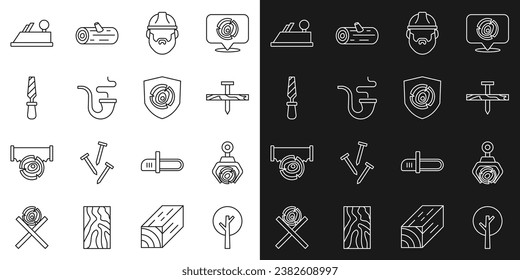 Set line Tree, Grapple crane agarró un tronco, clavo metálico, leñador, tubo humeante, archivo de metal Rasp, herramienta de plano de madera e icono de troncos de madera. Vector