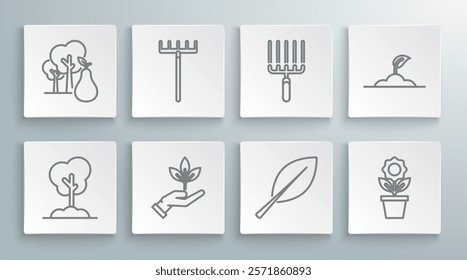 Set line Tree in the ground, Garden rake, Plant hand of environmental protection, Leaf, Flower pot, work, Sprout and with pears icon. Vector