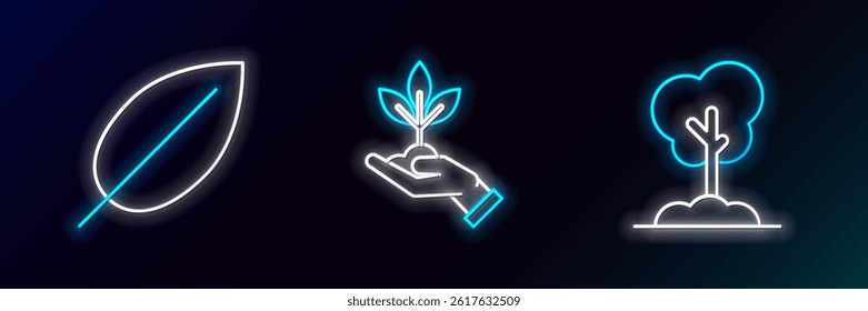 Set line Tree in the ground, Leaf and Plant hand of environmental protection icon. Glowing neon. Vector