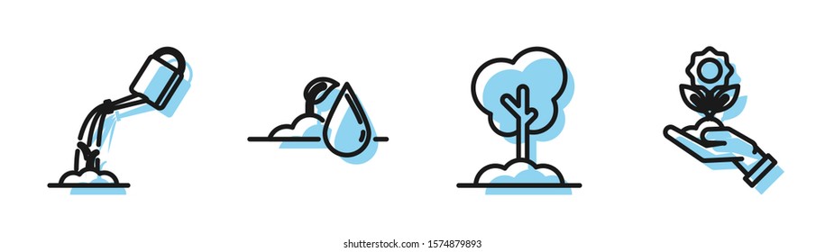 Set line Tree in the ground, Watering can with water, Watering sprout and Hand holding flower icon. Vector