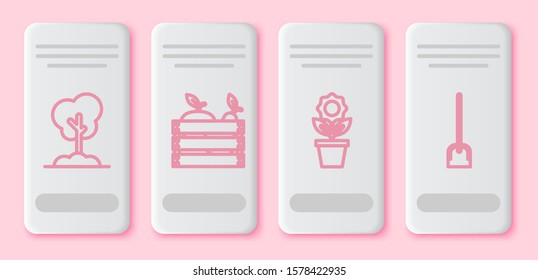Set line Tree in the ground, Wooden box for fruits and vegetables, Flower in pot and Shovel. White rectangle button. Vector