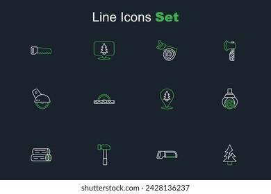 Set line Tree, Hacksaw, Hammer, Wooden log, Grapple crane grabbed, Location of the forest, Electric circular and  icon. Vector