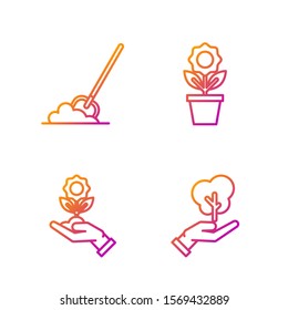 Set line Tree in hand of environmental protection, Hand holding flower, Shovel in the ground and Flower in pot. Gradient color icons. Vector