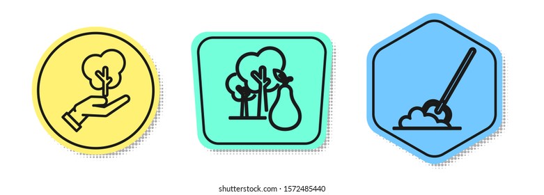 Set line Tree in hand of environmental protection, Tree with pears and Shovel in the ground. Colored shapes. Vector