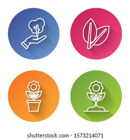 Set line Tree in hand of environmental protection, Leafs, Flower in pot and Flower. Color circle button. Vector