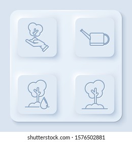 Set line Tree in hand of environmental protection, Watering can, Watering Tree and Tree in the ground. White square button. Vector