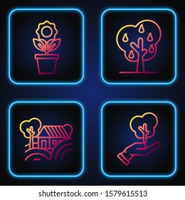 Set line Tree in hand of environmental protection, Farm House concept, Flower in pot and Tree with pears. Gradient color icons. Vector