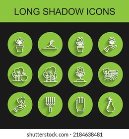 Set line Tree in hand of environmental protection, Garden rake work, Flowers pot, gloves, Pear, Trees, Farm House concept and  icon. Vector