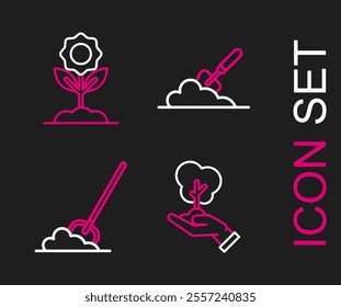 Set line Tree in hand of environmental protection, Shovel the ground, Garden trowel spade or shovel and Flower icon. Vector