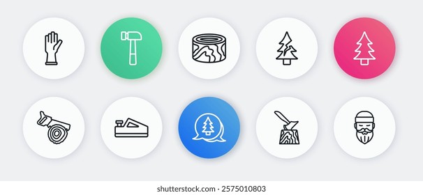 Set line Tree, Hand saw and log, Wooden axe in stump, logs, Lumberjack and plane tool icon. Vector