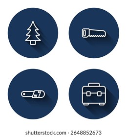 Set line Tree, Hand saw, Chainsaw and Toolbox with long shadow. Blue circle button. Vector