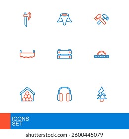 Set line Tree, Headphones, Wooden logs, Electric circular saw, Two-handed, box, Crossed hammer and stump icon. Vector