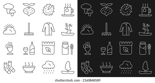 Set line Tree, Jar of honey and dipper stick, Bare tree, Chestnut, Garden rake, Sun cloud weather, Mushroom and Raincoat icon. Vector