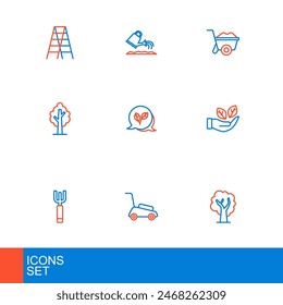 Set line Tree, Lawn mower, Garden pitchfork, Leaf in hand, Wheelbarrow and Watering can icon. Vector