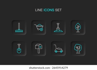 Set line Tree, Lawn mower, Bird house, Shovel, Wheelbarrow and Garden rake icon. Vector