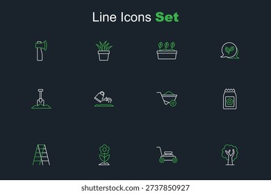 Set line Tree, Lawn mower, Flower, Wooden staircase, Pack full of seeds, Wheelbarrow, Watering can and Shovel icon. Vector