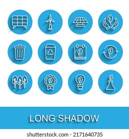 Set line Tree, Leaf Eco symbol, Solar energy panel, Light bulb with leaf, Plant breeding, Recycle bin,  and Calendar autumn leaves icon. Vector