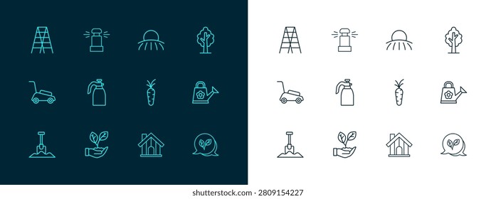 Set line Tree, Leaf in hand, Carrot, Farm house, Garden sprayer for water, Sunrise, Wooden staircase and Automatic irrigation sprinklers icon. Vector