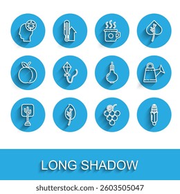 Set line Tree, Leaf or leaves, Human head with leaf, Grape fruit, Corn, Kite, Watering can and Onion icon. Vector