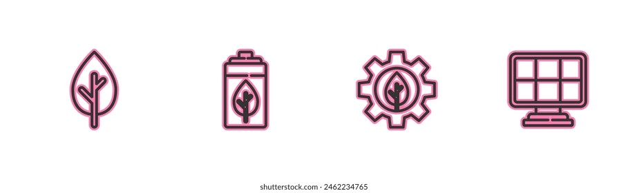 Set line Tree, Leaf plant in gear machine, Eco nature leaf and battery and Solar energy panel icon. Vector