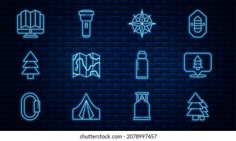 Set line Tree, Location of the forest, Wind rose, map, monitor, Canteen water bottle and Flashlight icon. Vector