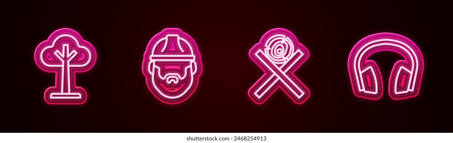 Set line Tree, Lumberjack, Wooden logs on stand and Headphones. Glowing neon icon. Vector