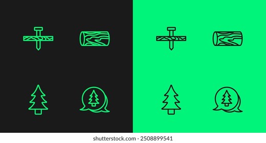 Set line Tree, Metallic nail and Wooden log icon. Vector