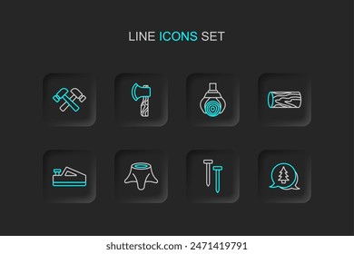 Set line Tree, Metallic nails, stump, Wood plane tool, Wooden log, Grapple crane grabbed, axe and Crossed hammer icon. Vector