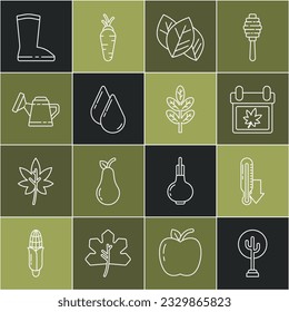 Set line Tree, Meteorology thermometer, Calendar with autumn leaves, Leaf, Water drop, Watering can, Waterproof rubber boot and  icon. Vector