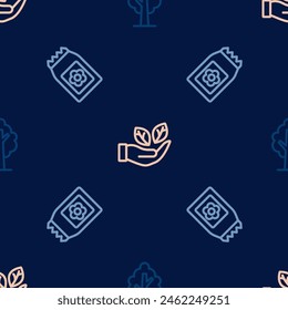 Set line Tree, Pack full of seeds and Leaf in hand on seamless pattern. Vector