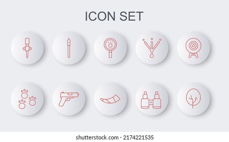 Set line Tree, Paw print, search, Binoculars, Torch flame, Medieval spear, Pistol gun and Hunting horn icon. Vector