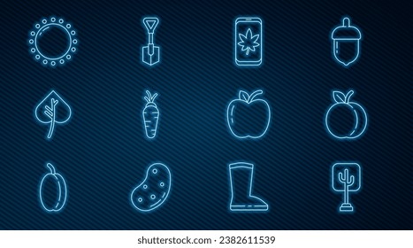 Set line Tree, Peach fruit, Leaf on mobile phone, Carrot, or leaves, Sun, Apple and Shovel icon. Vector