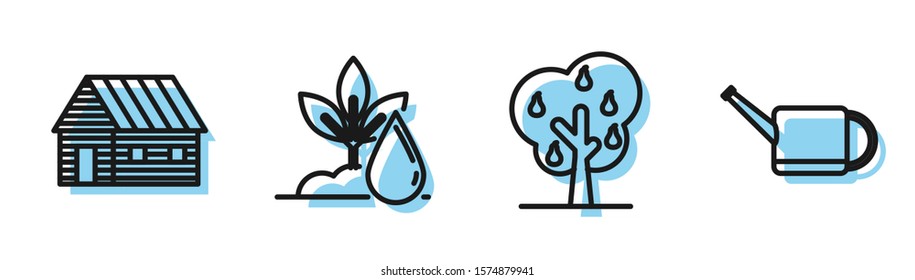 Set line Tree with pears, Farm house, Watering plant and Watering can icon. Vector