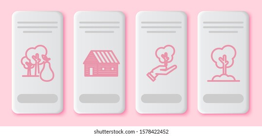 Set line Tree with pears, Farm house, Tree in hand of environmental protection and Tree in the ground. White rectangle button. Vector