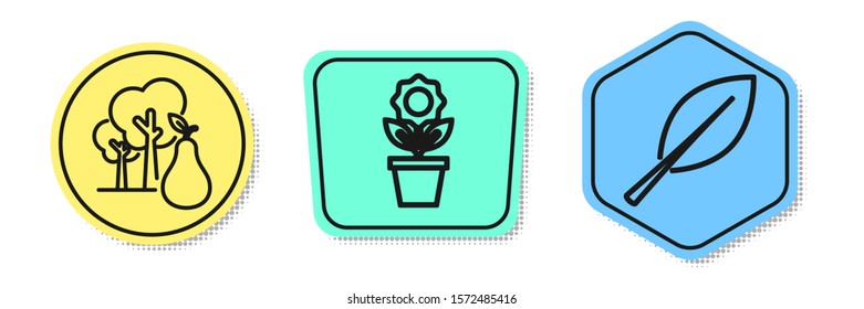 Set line Tree with pears, Flower in pot and Leaf. Colored shapes. Vector