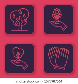 Set line Tree with pears, Tree in hand of environmental protection, Hand holding flower and Garden gloves. Blue square button. Vector